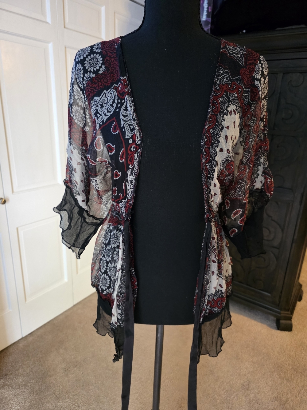 Boho Sheer Paisley Kimono Cardigan Cover Up | Tie Front Festival Hippie - Picture 4 of 5